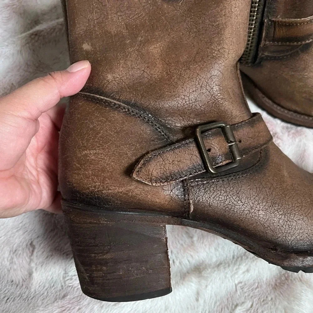 FreeBird Carlito Brown Leather Boho Western Moto Brown Heeled Boots - Picture 6 of 16